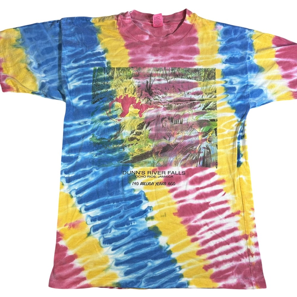 Vintage 90s Dunns River Falls Jamaica Dinosaur Tie Dye T-Shirt Mens Large L